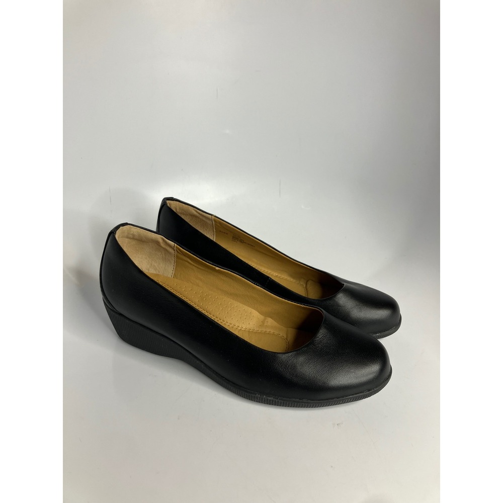 Softspots footsmart black leather wedge pumps women's size 8.5WW business‎